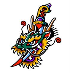 an artistic drawing of a dragon on a white background with red, yellow and blue colors