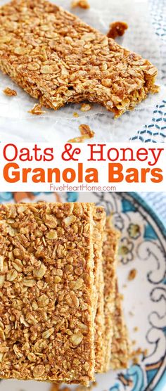 oats and honey granola bars stacked on top of each other with the title above it