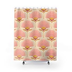 a shower curtain with an orange and pink flower pattern on the front, in white background