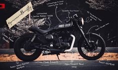 a black motorcycle parked in front of a chalkboard with words written on the wall