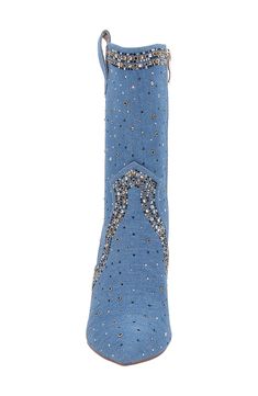 Shimmering jewel embellishments illuminate a Western-inspired boot balanced by a pointy toe and slim, stiletto heel. 3" heel 12 1/2" shaft; 16" calf circumference Synthetic upper, lining and sole Imported Denim Pointed Toe Boots For Party, Fitted Denim Boots For Party, Western Boots Women, Country Concert, Cowgirl Outfits, Western Boot, Western Boots, Stiletto Heel, Nashville