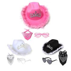 Kids Blinking Pink Crown Cowboy Hat Girls Summer Shapeable Beach Western Cowgirl Bullet Points: Reliable Cowboy Hat: With a polyester felt material, this hat is durable and reusable. It won't fade or deform easily, so you can wear it for many events. It also has a square scarf that gives you a chic and fashionable look. Fun and Fashionable: This set of western cowboy hats, square bandanas, and heart-shaped glasses will give you a relaxed and confident look. You can sport them for any activity, from riding a horse to chilling with friends. They are comfortable and trendy for any denim outfit. Boost Your Confidence: These cowboy hats for women are the perfect accessory to complement your look and show your beauty. They have bright colors that catch the eye and fit adults snugly and comfortab Cowboy Hat Costume, Crown Cowboy Hat, Cowboy Hats For Women, Heart Shaped Glasses, Pink Crown, Western Cowboy Hats, Bullet Points, Heart Sunglasses, Boy Hat