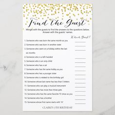 a gold confetti party game with the words find the guest