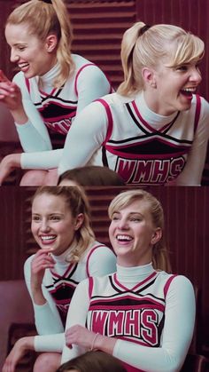 two women in cheer uniforms laughing and posing for the camera