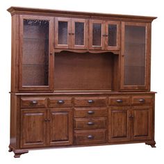 a large wooden cabinet with glass doors and drawers on it's sides, against a white background