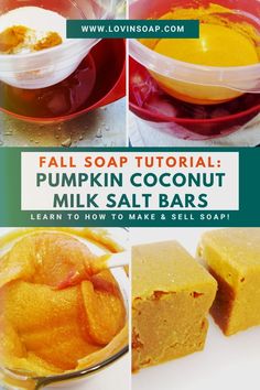 Looking for a fun fall soap project? Try making these handmade Pumpkin Coconut Milk Salt Bars! This easy-to-follow tutorial on the Lovin’ Soap blog will guide you through the process step by step.These salt bar soaps are made with real pumpkin and coconut milk for extra moisturizing properties. Don't miss out on this delightful fall soap idea! Get your supplies ready and let's create some amazing salt bars together! Click through to get the full recipe and tutorial! Pumpkin Coconut, Fall Soaps, Salt Bar, Soap Tutorial, How To Make Pumpkin