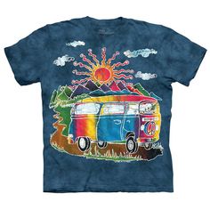 Batik Tour BusAdditional InformationRetro Tie-dye Peace - The Mountain�'s Classic T-shirt features an over-sized relaxed fit, with reinforced double-stitching on all seams. A mid-weight, 100% cotton tee, hand-dyed and screen printed in New Hampshire using The Mountain�'s signature water-based inks and dyes. After just one wash you will not know where the print ends and the shirt begins. Our unique printing process actually pulls the dye color out of the shirt and leaves the ink color behind, ess Hippie Tshirt, Hippie T Shirts, Tour Bus, Vans T Shirt, Adulting Shirts, Grateful Dead, Camper Van, The Mountain, Fashion Games