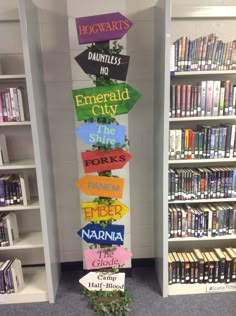 there are many signs on the pole in the library