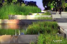 people are walking on the sidewalk next to some plants and water at night time,