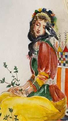 a watercolor painting of a woman sitting on top of a yellow object with a bird perched on her head