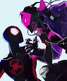 a drawing of a spider man with purple and black colors on his body, holding onto the arm of another person's head