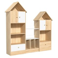 a wooden shelf with two white drawers and one light brown bookcase on the bottom