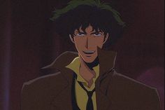 an anime character with green hair wearing a brown jacket