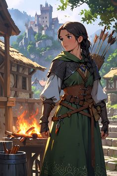 a woman standing in front of a fire with an arrow on her back and a castle in the background