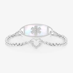 The sweetest addition to your medical ID collection! The heart centerpiece includes pave set cubic zirconia that is worn on a curb chain. Customize yours today! Medical Bracelets, Heart Medical, Interchangeable Bracelet, Medical Alert Bracelet, Medical Id Bracelets, Medic Alert Bracelets, Medical Bracelet, Bracelet In Silver, Personalized Bracelet