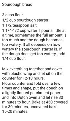 the recipe for sourdough bread is shown in black and white, with instructions on how to make it