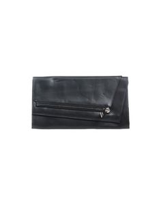 a black leather clutch bag with zippers on the front and side, sitting against a white background