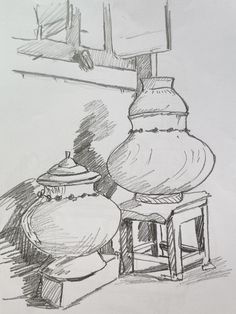 a drawing of two vases sitting next to each other on a table with stools