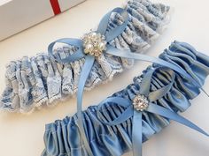 French Blue Wedding Garter, Lace Bridal Garter Set, Dusty Blue Garter, Garter For Bride, Garters For Wedding, Garter Belt, Leg Garter Make your wedding day even more special with this two piece bridal garter set. Using a tape measure, simply measure around your thigh in the spot where you will be wearing the garter (usually about 4" above  your knee). Use that measurement as a guide to select the correct size for your garter. Please measure your thigh carefully to select the correct size.  All g Blue Bridal Garter, Garter Set Wedding, Garters For Wedding, Bridal Garter Blue, French Blue Wedding, Bride Garter, Wedding Garter Blue, Bridal Garter Lace, Garter Lace