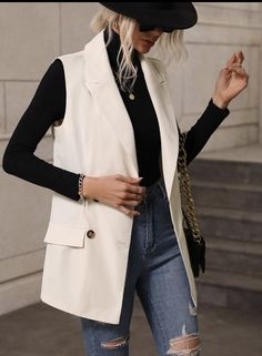 Cream Blazer Vest Outfit, Beige Vest Blazer Outfit, White Tailored Vest Outfit, White Suit Vest Outfits For Women, White Blazer Vest Outfit, Long White Vest Outfit, No Sleeve Blazer Outfit, Cream Vest Outfits For Women