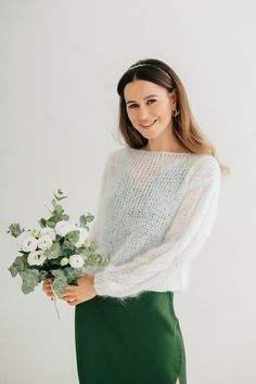 "Mohair sweater is a unique piece for a cold wedding day that will keep you warm and make your look magical. A completely weightless wedding sweater, wraps you in a warm cloud. This is the perfect solution for autumn and spring, will make your look feminine and light. The pattern is so interesting that you will not go unnoticed. A warm and soft bridal sweater is perfect for stylish minimalist dresses, as well as for fluffy lace dresses of different styles. The sleeve of the mohair sweater is ado White Wool Sweater, Wedding Sweater, Bridal Sweater, Woolen Clothes, Pull Mohair, Mohair Jumpers, Wool Jackets Women, Bridal Shrug, Bridal Cover Up