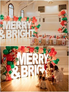 A Christmas party with Santa has a marquee letter light backdrop that spells out "Merry & Bright". Holiday Office Party Decorations, Colorful Christmas Backdrop, Large Christmas Party Decorations, Christmas Marquee Decoration, Christmas Party Decorations Diy Backdrop, Christmas Fair Decorations, Christmas Event Decorations, Bookmas Ideas, Community Christmas Event Ideas