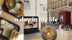 there are pictures of food and drinks on the table in front of the laptop computer