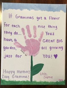 a handprint on a canvas that says if grandmas got a flower for each, nice thing they do