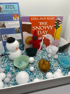 there is a snowman and other items on display in the box with it's contents