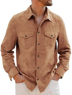 PRICES MAY VARY. Feature: Retro Suede Shirts for men, long sleeve, button up, turn down collar, two flap pockets at chest, classic fit, western style. The sleek work shirt is moderate thickness, great for spring, fall and winter Material: Select soft suede fabric, lightweight and comortable, which offers exceptional breathability and ensures you stay cozy all day long Easy Match: Our western retro shacket with a flattering look, it is fashionable and versatile. This sleek long sleeve shirt pairs Brown Button-up Shacket With Flap Pockets, Brown Collared Shirt With Buttoned Pockets, Brown Button-up Shirt With Buttoned Pockets, Shirt With Buttoned Pockets For Fall, Solid Shirt With Buttoned Pockets For Fall, Solid Color Shirt With Lapel Collar For Fall, Fall Shirt With Solid Color And Buttoned Pockets, Brown Long Sleeve Shirt With Pockets, Classic Long Sleeve Shacket With Snap Buttons