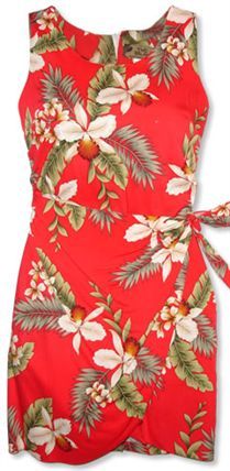 TP 801R [Hawaiian Orchid/Red] - Short　Dresses - Hawaiian Dresses | AlohaOutlet SelectShop Hawaiian Luau Outfit Women, Luau Outfit Women, Hawaiian Orchid, Hawaiian Sarong, Luau Outfits, Hawaiian Dresses, Aloha Dress, Sarong Dress, Island Dress