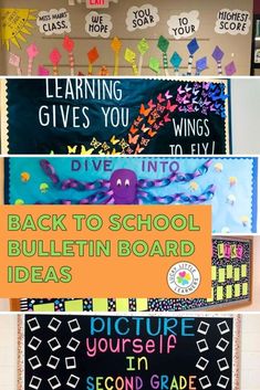 bulletin boards with different types of writing and pictures on the front, back to school bulletin board ideas