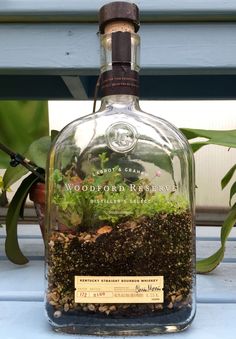 a bottle filled with dirt and plants on top of a table