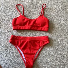 Unworn Rib Material Stretch Bottoms Fit Snug On My Size 4 Body Red Seamless Swimwear For Sunbathing, Red Seamless Swimwear For Summer, Red Seamless Swimwear For Beach Season, Casual Red Seamless Swimwear, Size 4 Body, Red Swimsuit, My Size, Womens Swim, Red Color