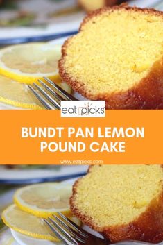 the bundt pan lemon pound cake is cut in half and ready to be eaten