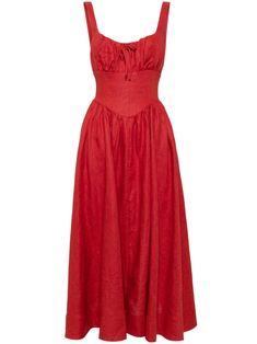 red linen lightweight corset style smocking details adjustable shoulder straps slip pockets to the sides scoop neck Tomato Color, Reformation Clothing, Sundried Tomato, Burgundy Fabric, Planet People, Linen Midi Dress, Reformation Dress, Water Consumption, City Dress