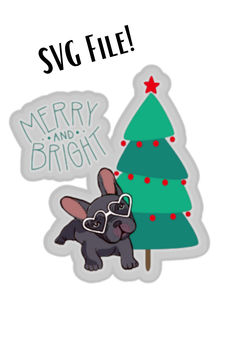 a sticker that says merry and bright next to a christmas tree with glasses on it