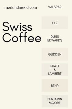 an advertisement for swiss coffee, with the names in black and white on it's side