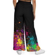 FREE SHIPPING ON ORDERS OVER $100USDDue to high demand please allow 3-4 weeks for shipping! **Shipping of this product to the EU is currently not available** These wonderfully bright, high waisted flared pants is the ultimate essential for every artist, performer or entertainer. The bright colors makes it easy to pair with most colored tops. The material hangs beautifully and long for a gorgeous flattering fit. The elastic waistband has plenty of stretch and the and the drawstring closure holds Flare Pants For Spring Streetwear, Casual Multicolor Flare Bottoms, Trendy Multicolor Flare Pants, Multicolor Wide Leg Streetwear Bottoms, Multicolor Wide Leg Bottoms For Streetwear, Casual Spring Pants With Paint Splatter, Casual Paint Splatter Bottoms For Summer, Casual Paint Splatter Streetwear Bottoms, Multicolor Paint Splatter Bottoms For Spring