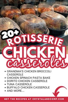 the flyer for rotisse chicken casseroles is shown in red and white lettering