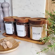 spice jars and wooden spoons sit on a counter