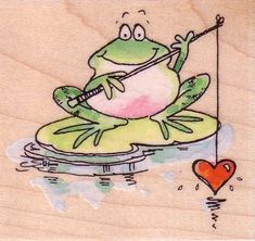 a drawing of a frog sitting on top of a lily pad holding a fishing pole