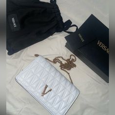 Brand New Never Used With Tags And Authentication Card, Dust Bag And Box Luxury White Rectangular Clutch, Luxury White Clutch For Gift, Luxury White Clutch As Gift, Versace Clutch, Versace Bags, White Bag, Versace, Dust Bag, Color White