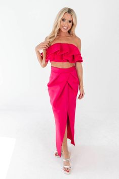 Kick It With Ken Set - Hot Pink Strapless Stretch Party Sets, Pink Cropped Party Sets, Fitted Two-piece Bottoms For Date Night, Strapless Two-piece Party Set, Fitted Two-piece Set For Spring Party, Fitted Two-piece Set For Spring Night Out, Flirty Fitted Sets For Night Out, Top Pants Set, Large Bust