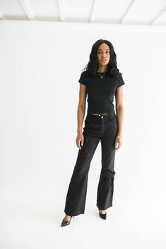 The cutest pair of black jeans we have seen! The bow detail on these jeans is subtle yet so on trend. These are the jeans that will have everyone stopping you and asking you where you got them. We love them paired with our Naomi T for an always chic look. Size Chart﻿ Features: flare bow detail pockets zip and button closure fabric content: 100% cotton model is 5'9" and wearing a small bust: 32B waist: 24" hip: 34" Denim Accessories, Chic Look, Dress Romper, Bow Detail, Small Bust, Bottoms Pants, Short Tops, The Cutest, Short Sleeves Tops