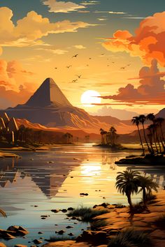 a painting of a sunset over a lake with palm trees and mountains in the background