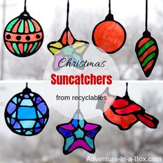 Make stained glass Christmas suncatchers from recyclables with kids! This winter craft comes with four pages of Christmas ornament free printable templates and makes for a quick and easy way to decorate windows. #kidscrafts #upcycling #christmasdecor #christmascrafts #suncatchers #recyclablecrafts