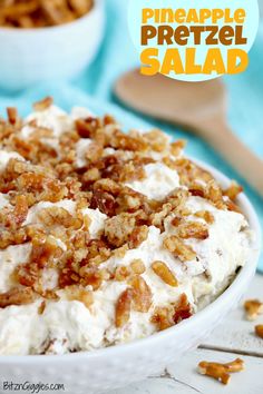 pineapple pretzel salad in a white bowl