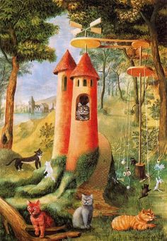 a painting of cats sitting in front of a red tower with a clock on it