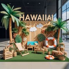 an outdoor area with palm trees, chairs and life preserver in the background that says hawaii